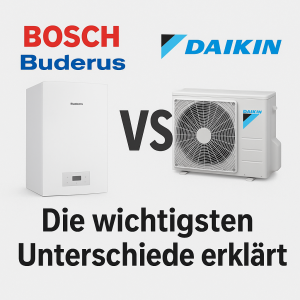 Comparison chart highlighting key differences between Bosch Buderus and Daikin heating systems.