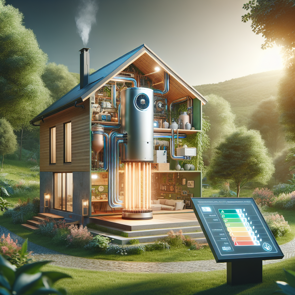 Cutaway view of an energy-efficient single-family home with a smart air heat pump heating system, showing installation detail