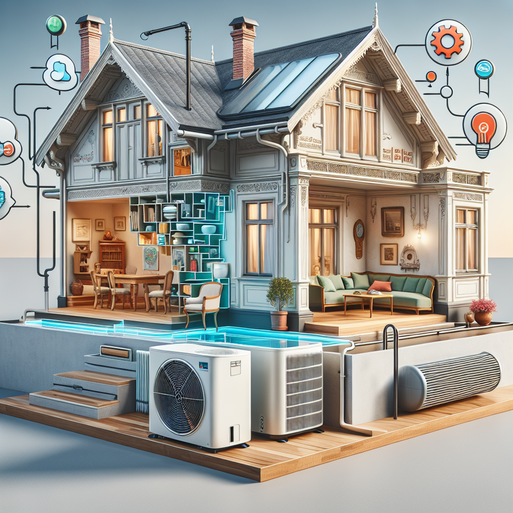 Modern air-to-water heat pump system installed in an old building without underfloor heating, showing radiators and smart con