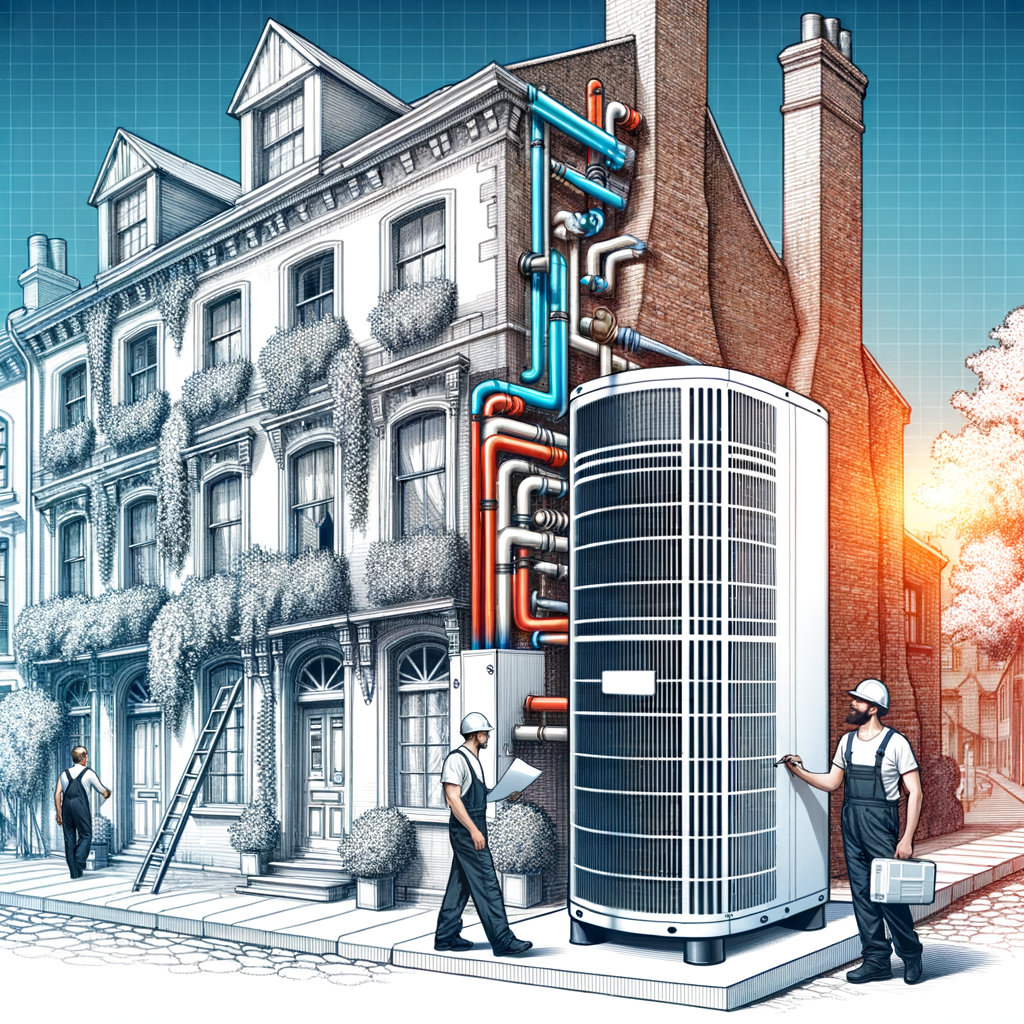 Technicians install a large air source heat pump on an old residential building without underfloor heating.